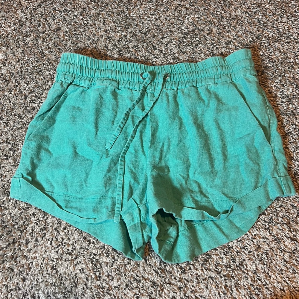 Forever 21 Linen Blend Shorts Drawstring Waist Casual Green XS‎